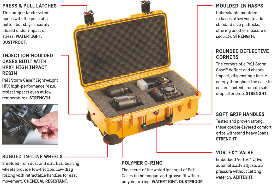 INJECTION MOULDED CASES IN COPOLYMER POLYPROPYLENE · DOUBLE-THROW LATCHES POLYMER O-RING · BALL BEARING WHEELS · REINFORCED PADLOCK PROTECTORS · AUTOMATIC PRESSURE EQUALISATION VALVE · STAINLESS STEEL PINS